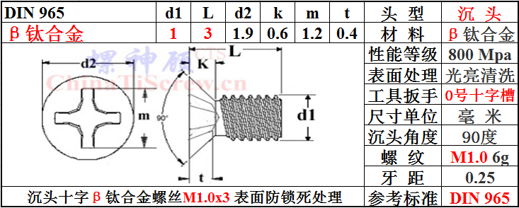DIN965沉头十字钛合金螺丝M1x3螺神顾